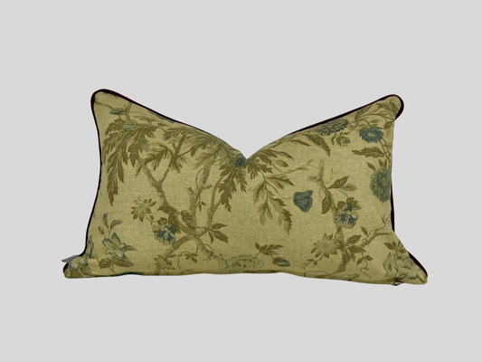 Beige floral cushion cover with burgundy piping 30x50